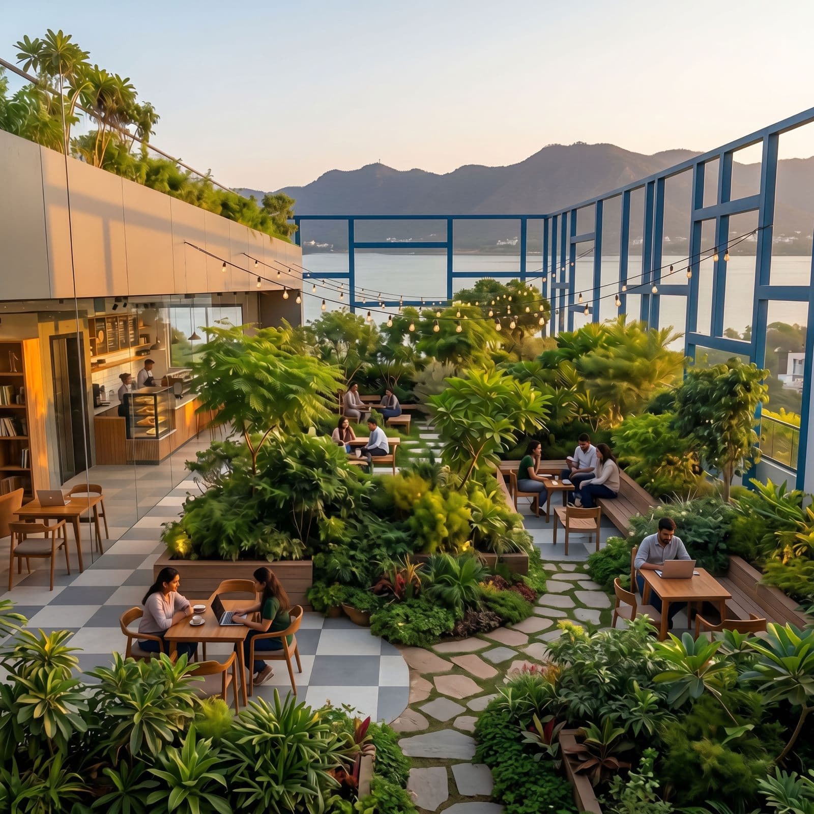 Chhaon Ajmer — Forest rooftop workspace overlooking mountains and lake, integrated with Miyawaki forest ecosystem